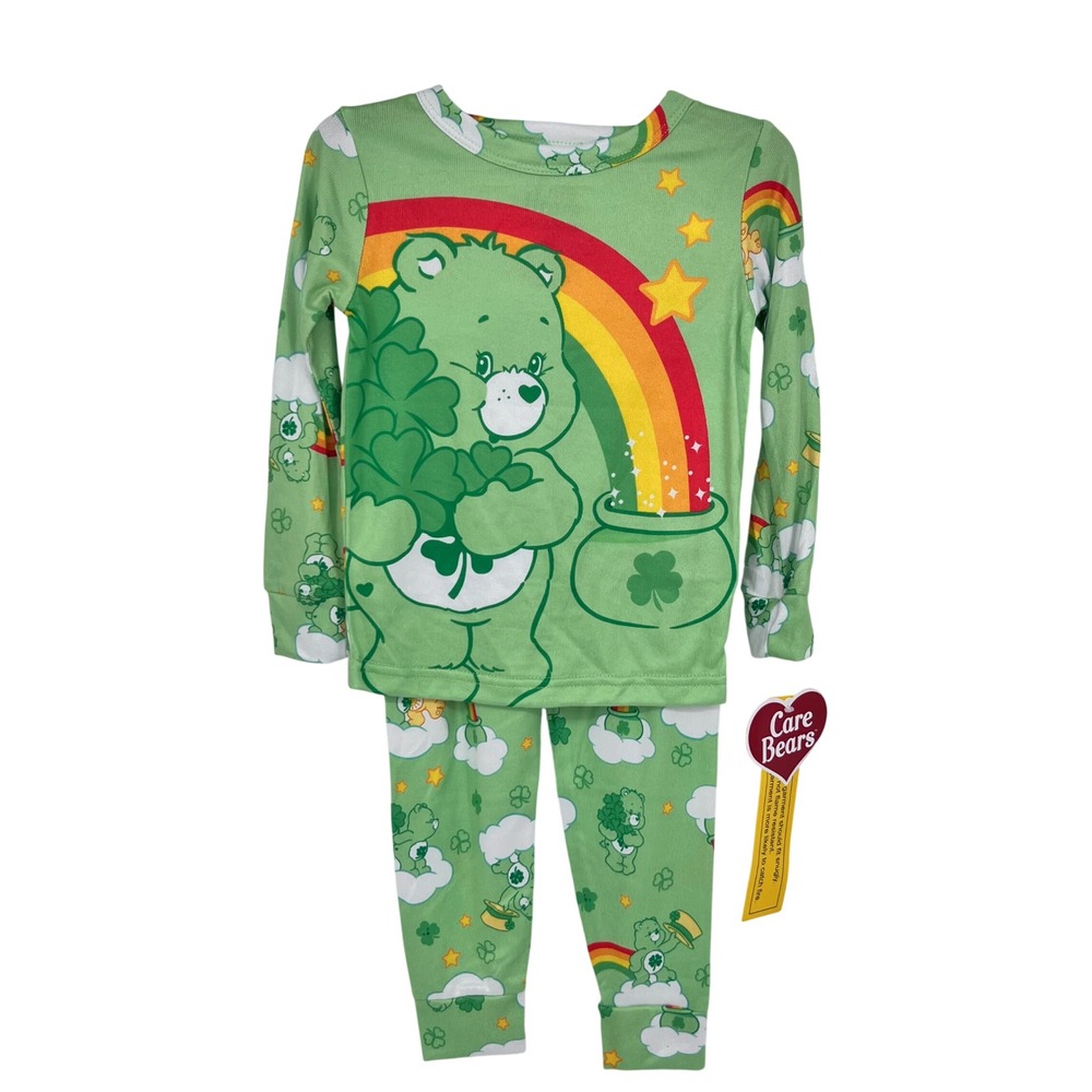 Care Bears Pajama Set Kids 4T Green Good Luck Bear St Patricks Day Rainbow